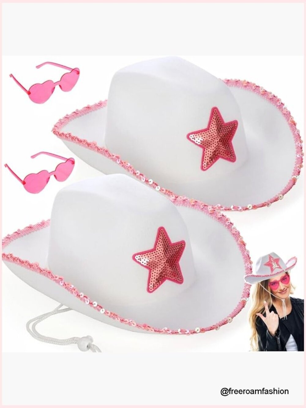 Cowgirl Hat with Heart Sunglasses, Pink Sequin Star, Adjustable String for